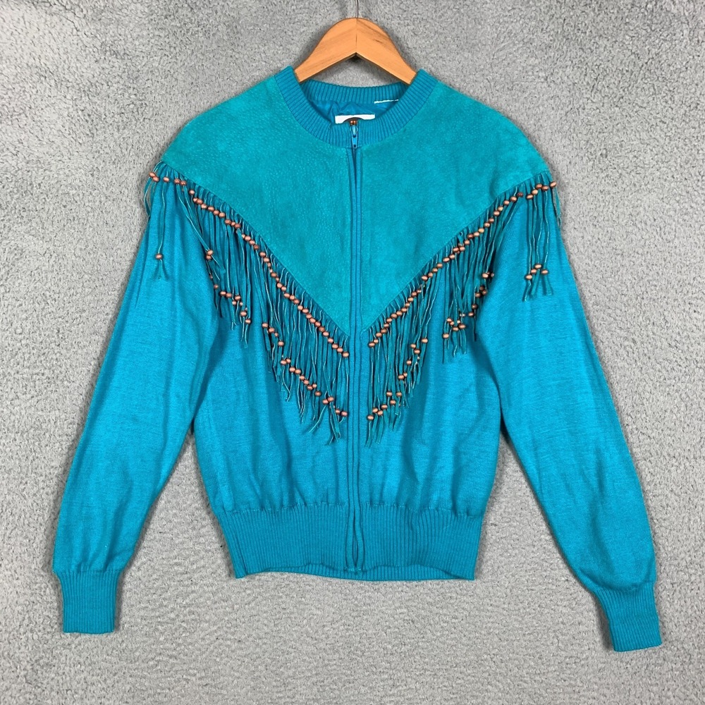 Vintage Miller Jacket Women's Small Turquoise‎ Suede Fringe Western Boho Sweater